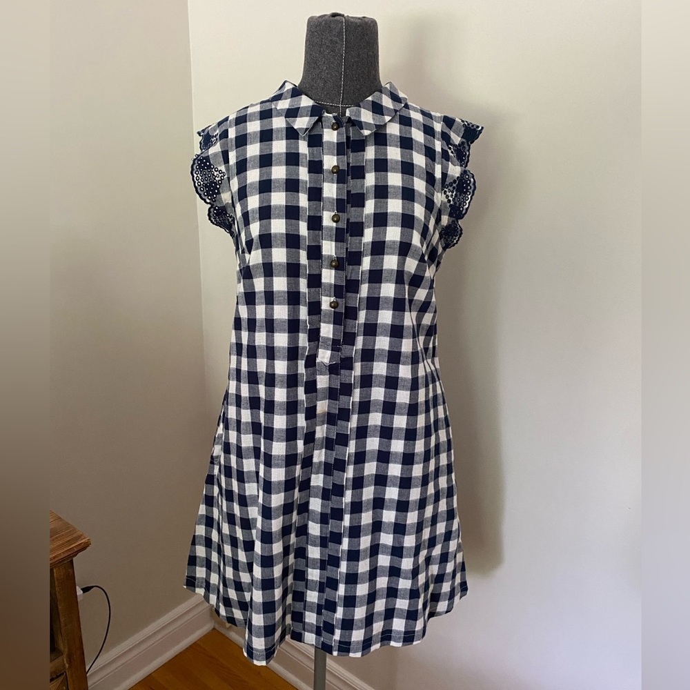 Anthropologie Trinette Gingham Plaid Shirt Dress in Navy Blue & White size: S - Picture 3 of 13